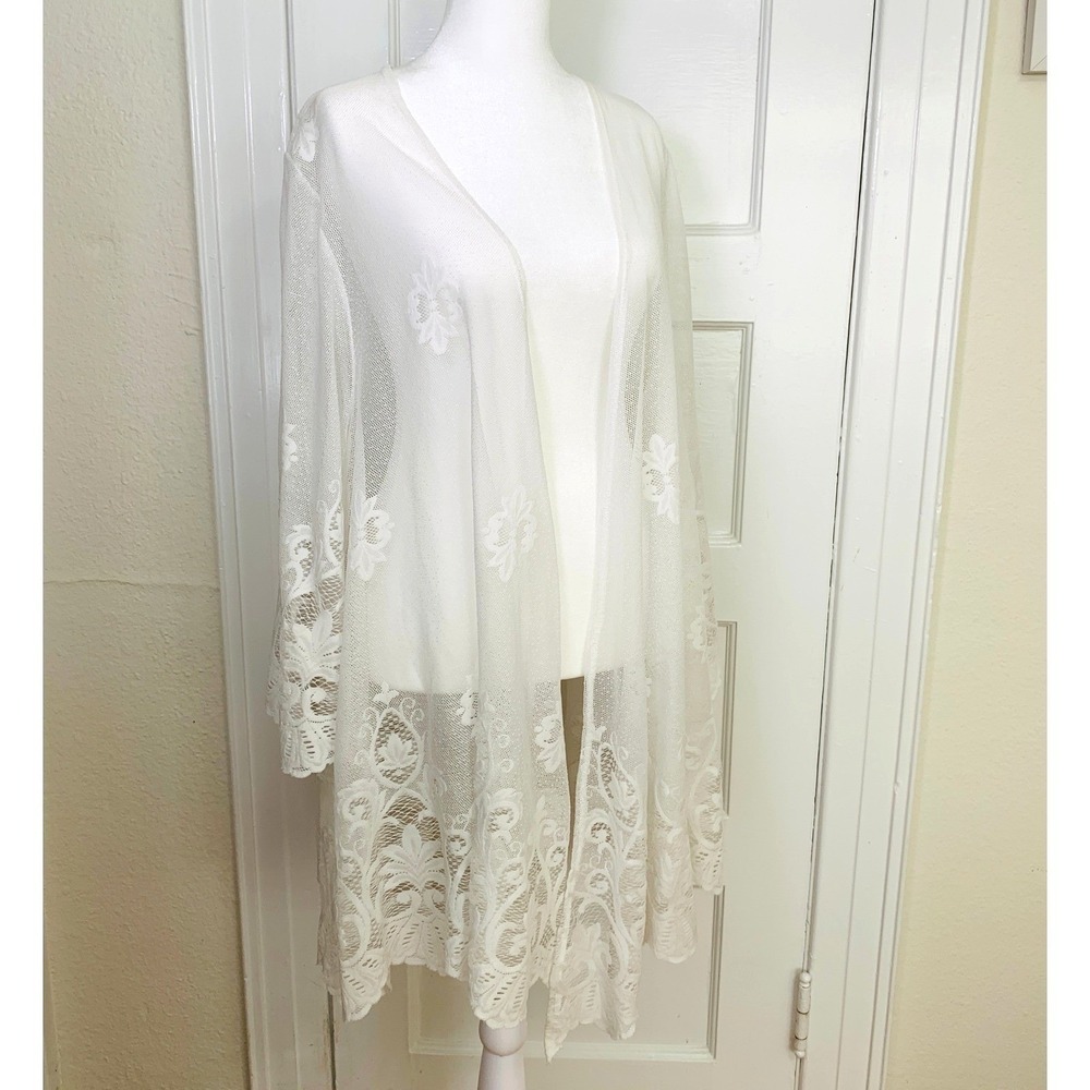 me and u Lace Mesh Embroidered Kimono Boho Open Front Duster Fairy Prairie / 2X - Picture 2 of 15